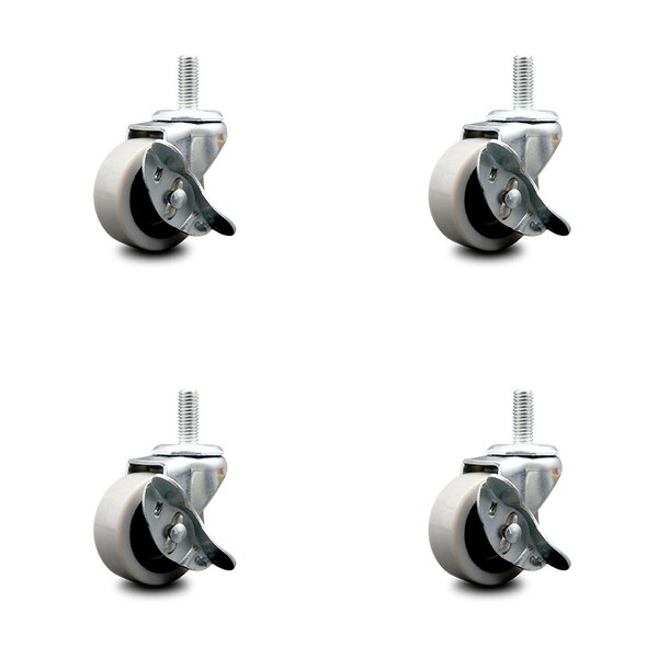 2 Inch Thermoplastic Wheel 8mm Threaded Stem Caster Set with Brakes, 4PK